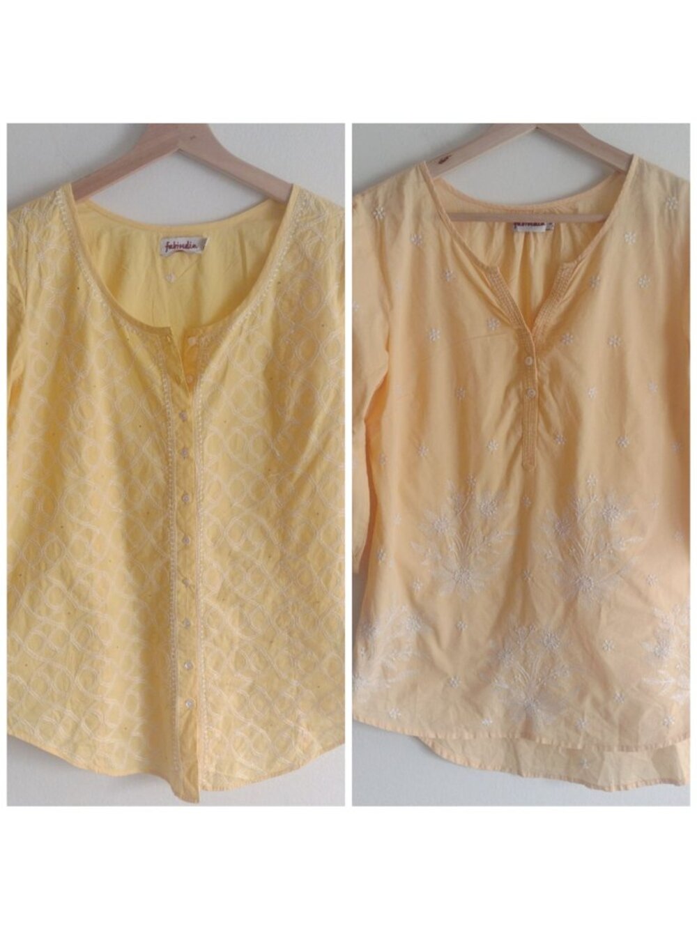 FabIndia Yellow Embroidered Tunics M Set of 2 Cotton Floral Embellished Tops